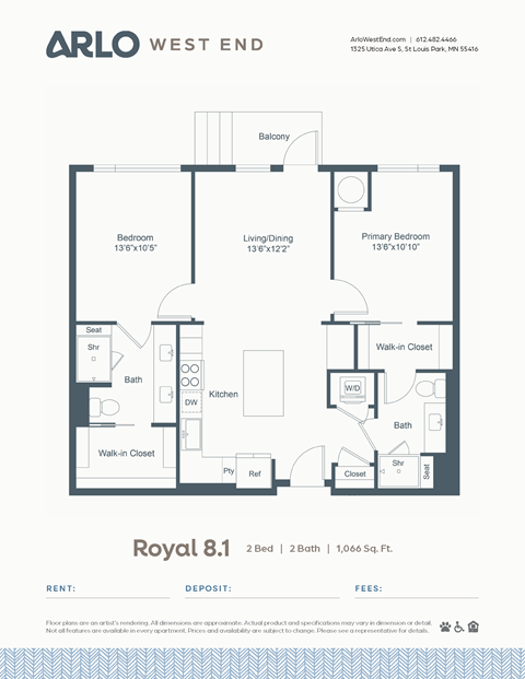 Floor plan for 2 beds, 2 baths, 1066 sqft